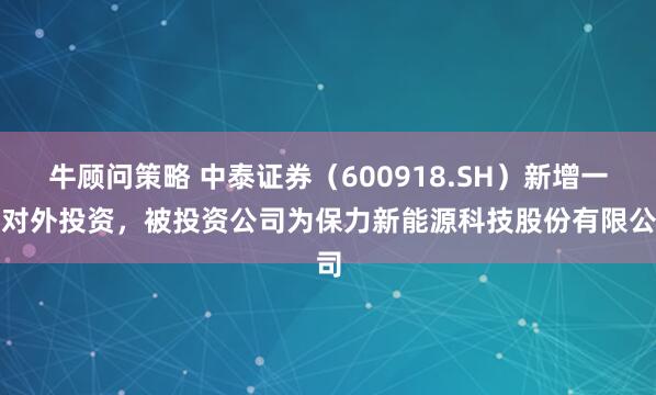 牛顾问策略 中泰证券（600918.SH）新增一起对外投资，被投资公司为保力新能源科技股份有限公司